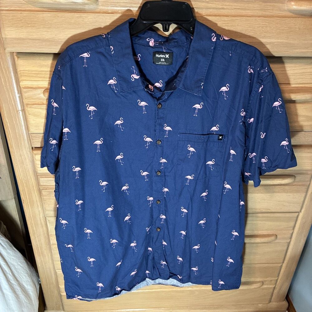 Hurley Button Up Shirt Men's XXL Short Sleeve Button Up Blue Pink Flamingos